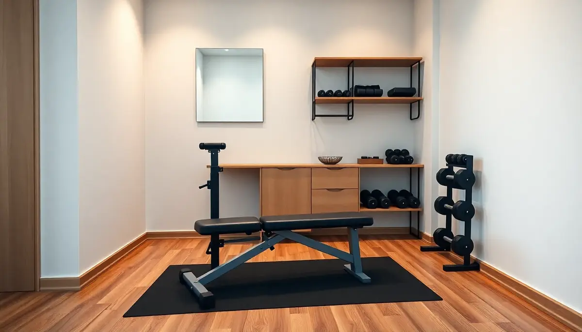 Kleiner Home Gym Bereich in einer Wohnung mit klappbarer Trainingsbank, Hanteln, Spiegel und sauberer Trainingsfläche