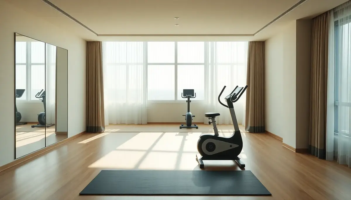 Heller Fitnessraum mit großem Spiegel, Trainingsmatte, klarer Lichtführung und kompakter Ausstattung