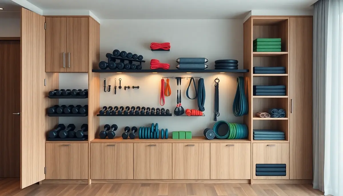 Ordentliche Aufbewahrungswand im Home Gym mit Hanteln, Widerstandsbändern, Yogablöcken und warmem Licht