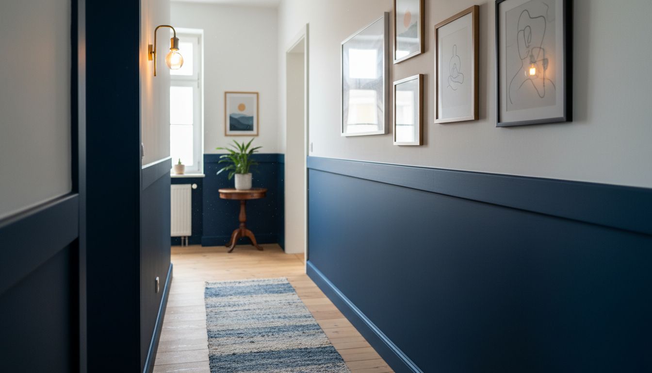 Schmaler Flur mit dunkelblauer Wandvertäfelung, weißer oberer Wand und Messing-Wandleuchte