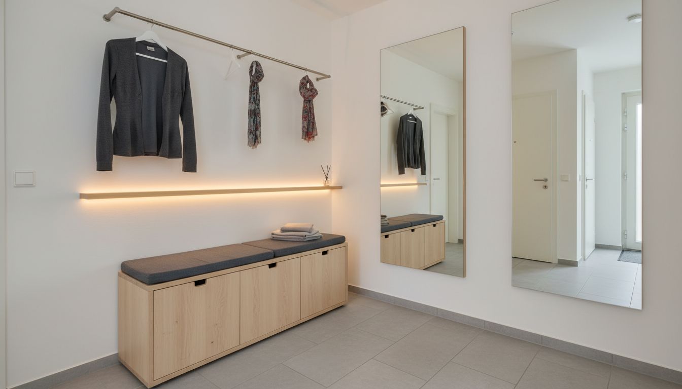 Flur Garderobe und Stauraum: Sitzbank mit Fächern, Garderobenstange, Ablage mit LED-Licht und Ganzkörperspiegel im Eingangsbereich
