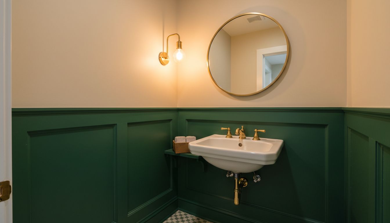 Kleines Gäste-WC mit dunkelgrüner Wandvertäfelung, Messing-Wandleuchte und schmalem Waschbecken