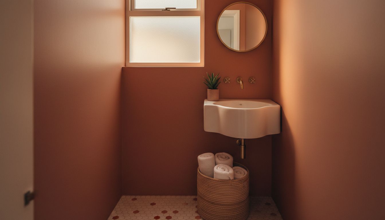 Kleines Gäste-WC mit terrakottafarbener Wand, rundem Waschbecken und Korb für Handtücher