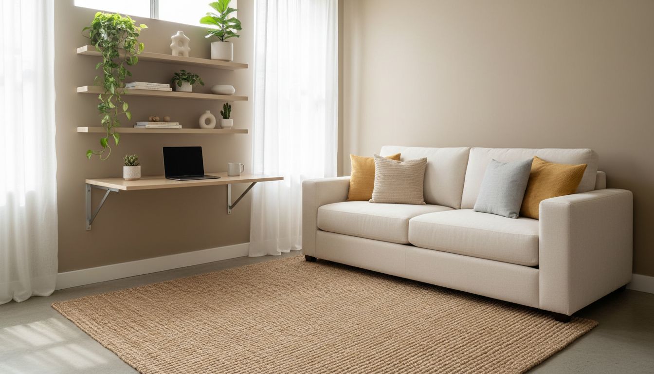 Kleines multifunktionales Gästezimmer mit Schlafsofa, klappbarem Schreibtisch als Home Office und Wandregalen