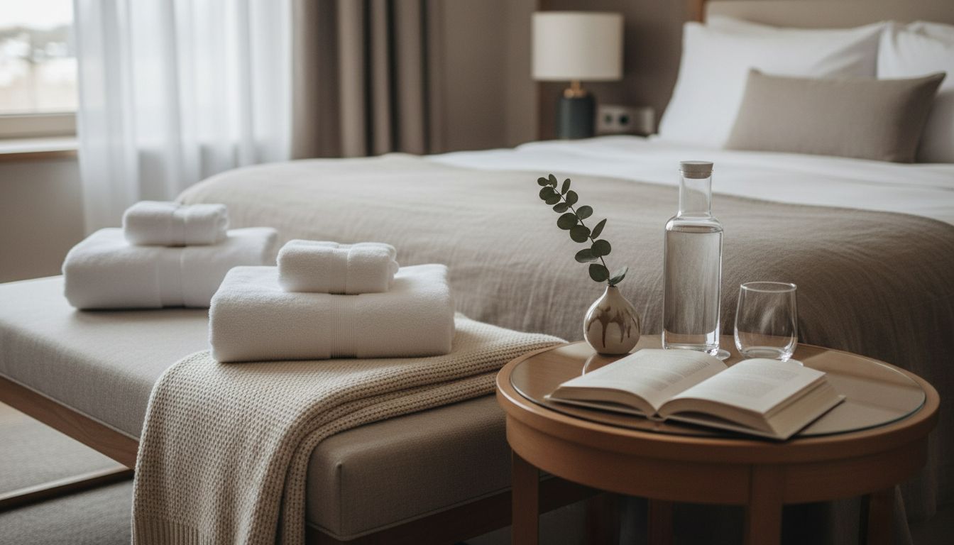 Gästezimmer-Detail mit frisch gefalteten Handtüchern, Extra-Decke, Wasserkaraffe und Buch auf dem Nachttisch