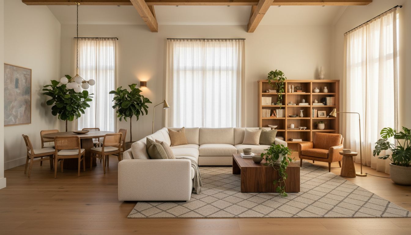 Großer, weitläufiger Wohnraum mit hohen Decken, in Zonen gegliedert: freistehendes Sofa auf großem Teppich, dahinter ein Essbereich mit Pendelleuchte und eine Leseecke mit Stehlampe