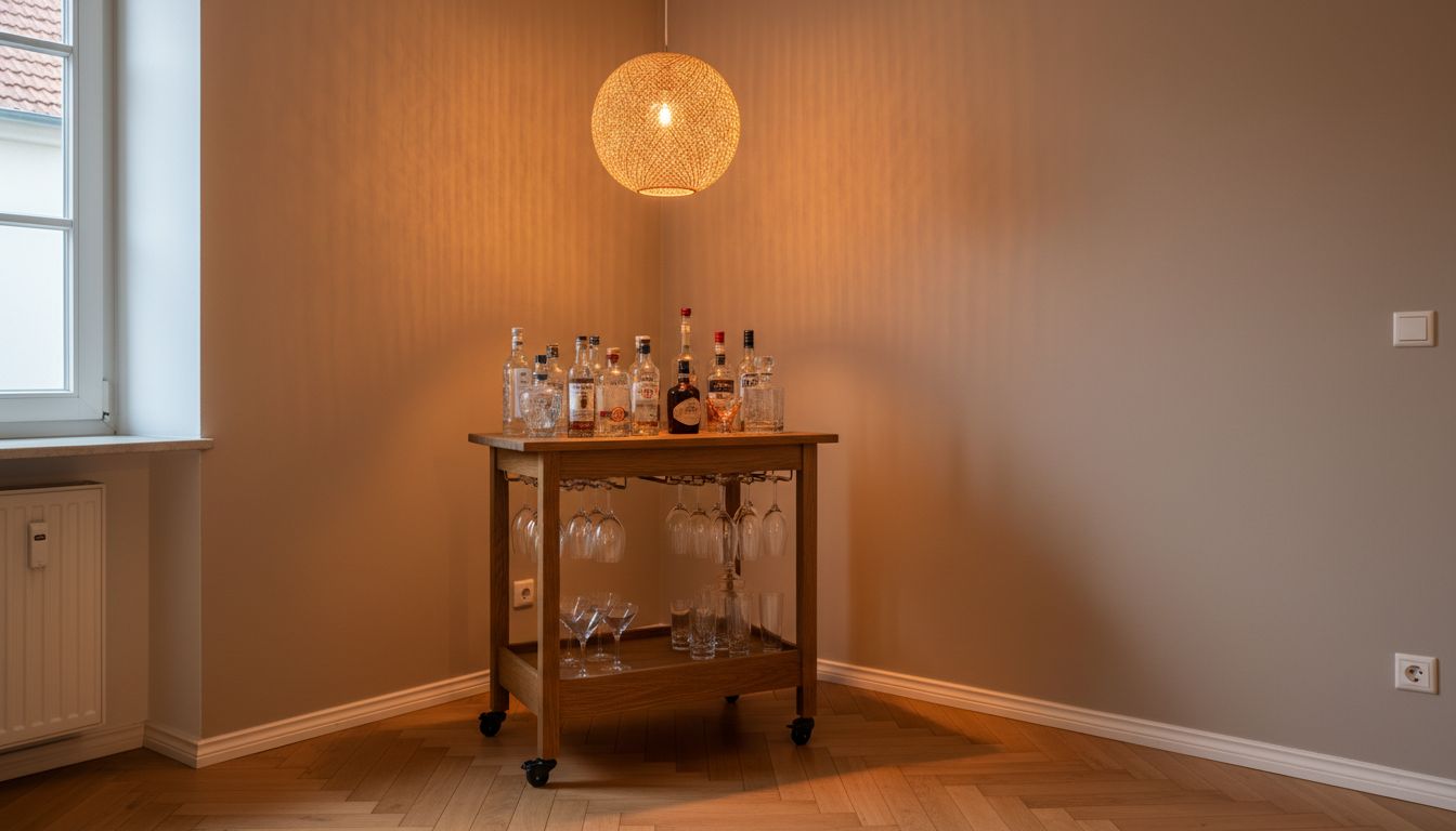 Hausbar einrichten: gemütliche Bar-Ecke im Wohnzimmer mit Holzregal, Barhockern und warmer Pendelleuchte
