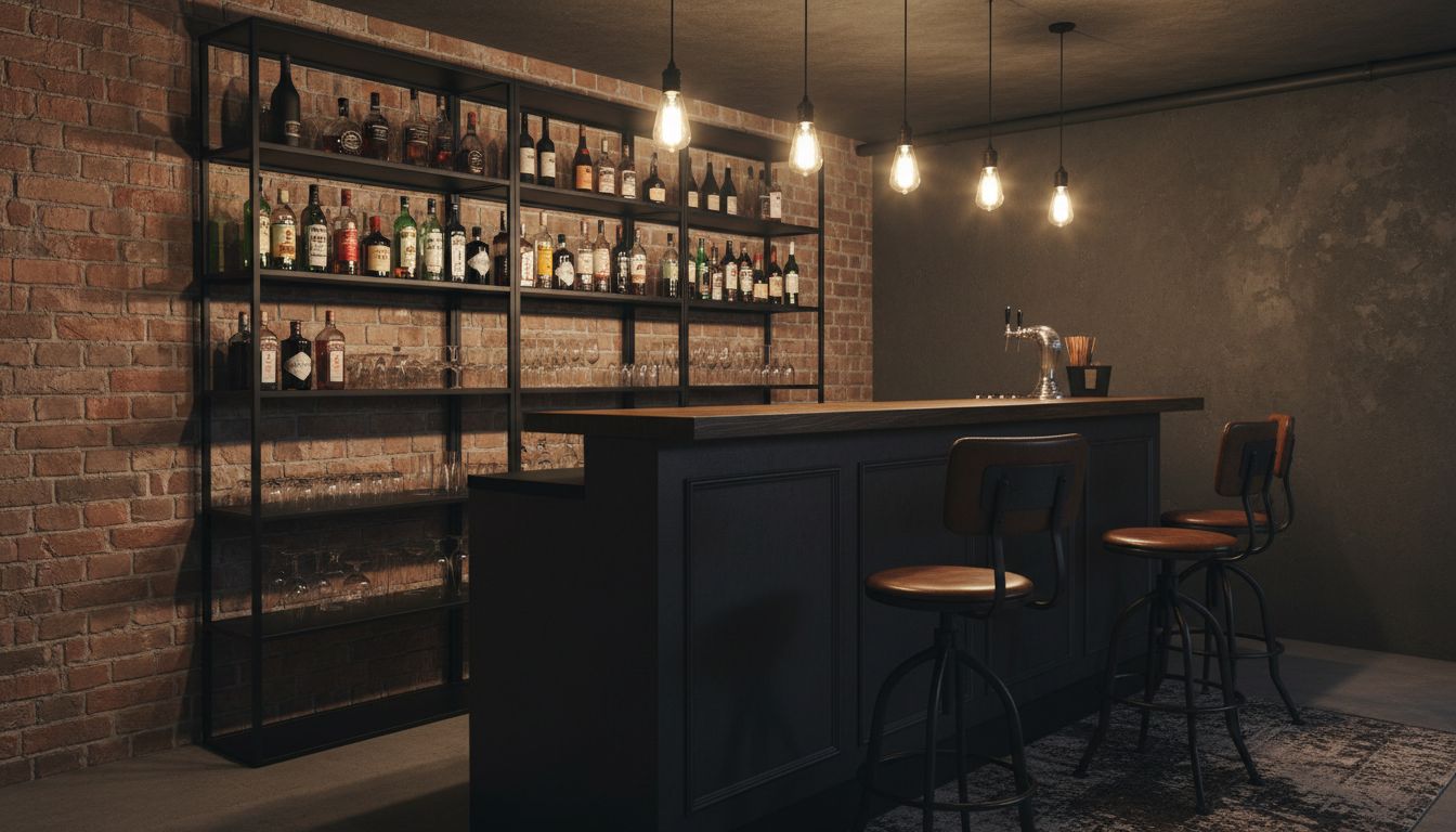 Hausbar einrichten im Industrial-Stil: dunkle Bartheke mit zwei Barhockern, Metallregal vor Backsteinwand und warmen Pendelleuchten im Keller