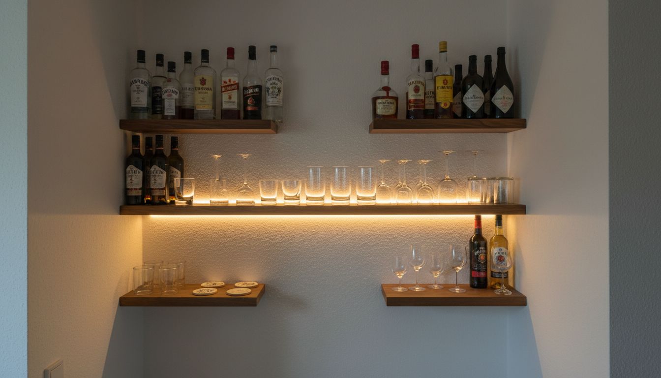 Kleine Hausbar als Wandregal-Lösung: schwebende Holzregale mit Flaschen und Gläsern, von unten mit warmem LED-Streifen beleuchtet