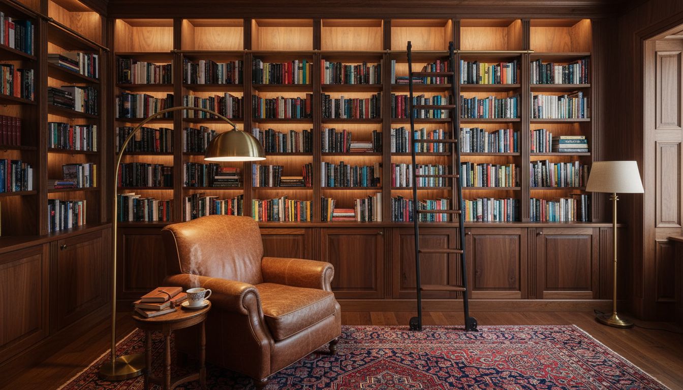 Dunkles Bücherregal mit Leiter, Ledersessel und warmem Messinglicht in einer Hausbibliothek
