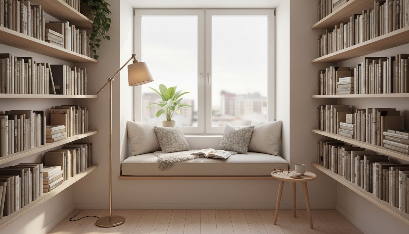Kleine Leseecke mit schmalem Bücherregal und Fensterbank in heller skandinavischer Einrichtung