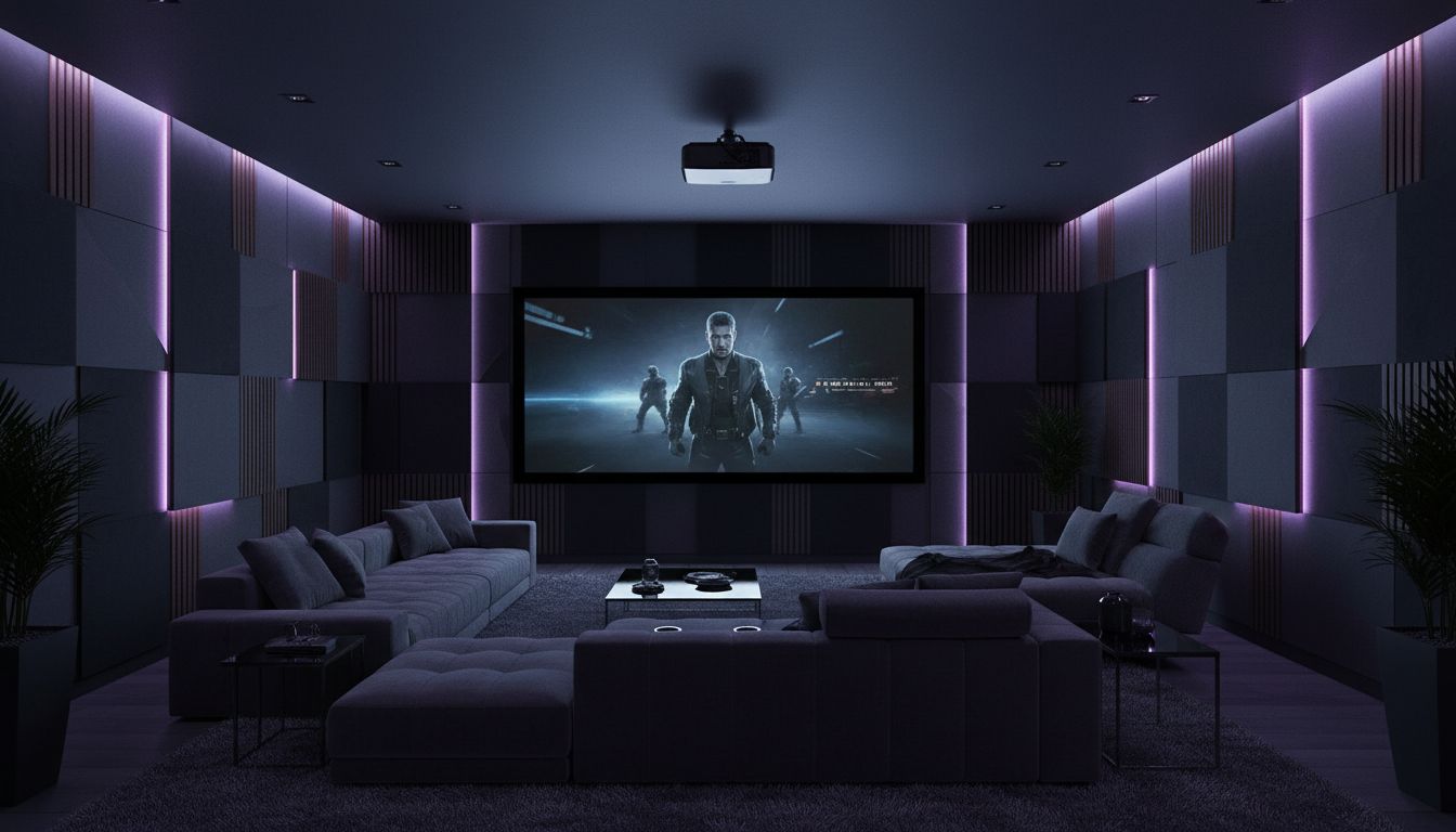 Heimkino mit Akustikpaneelen, Beamer-Leinwand und farbiger indirekter LED-Beleuchtung