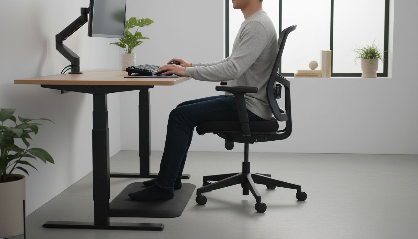 Ergonomisches Home Office Setup mit höhenverstellbarem Schreibtisch, ergonomischem Stuhl und optimaler Bildschirmposition