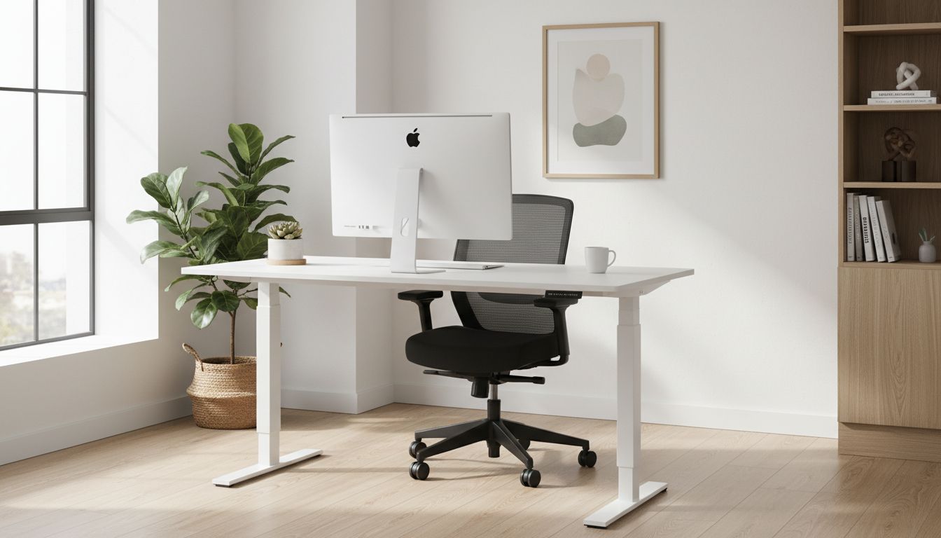 Modernes Home Office mit ergonomischem Schreibtisch, natürlichem Licht und durchdachter Organisation