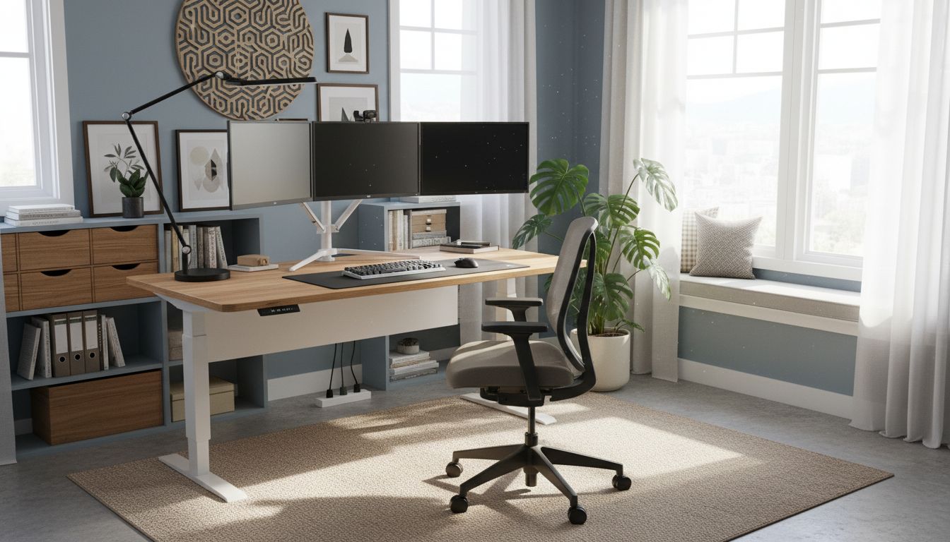 Komplett eingerichtetes Home Office mit allen wichtigen Elementen: ergonomische Möbel, gute Beleuchtung, Pflanzen und Organisation