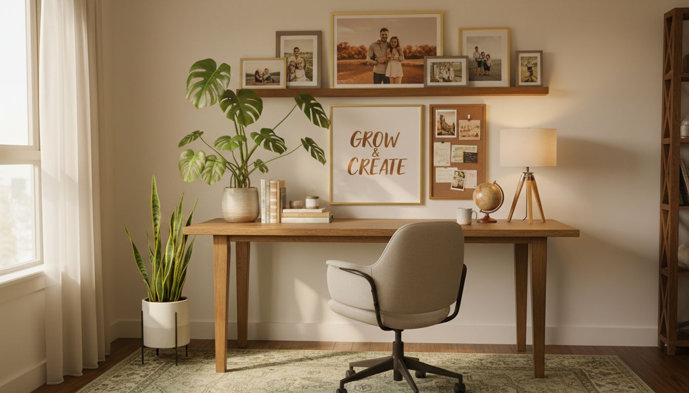 Home Office mit grünen Pflanzen, inspirierender Wanddeko und persönlichen Akzenten