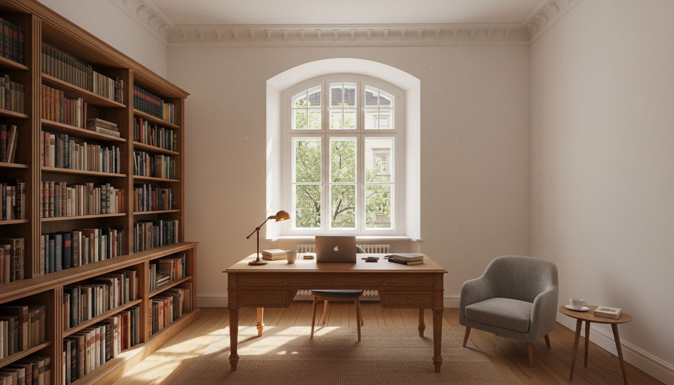 Separates Home Office Zimmer mit Schreibtisch am Fenster, Bücherregal und Sitzmöglichkeit