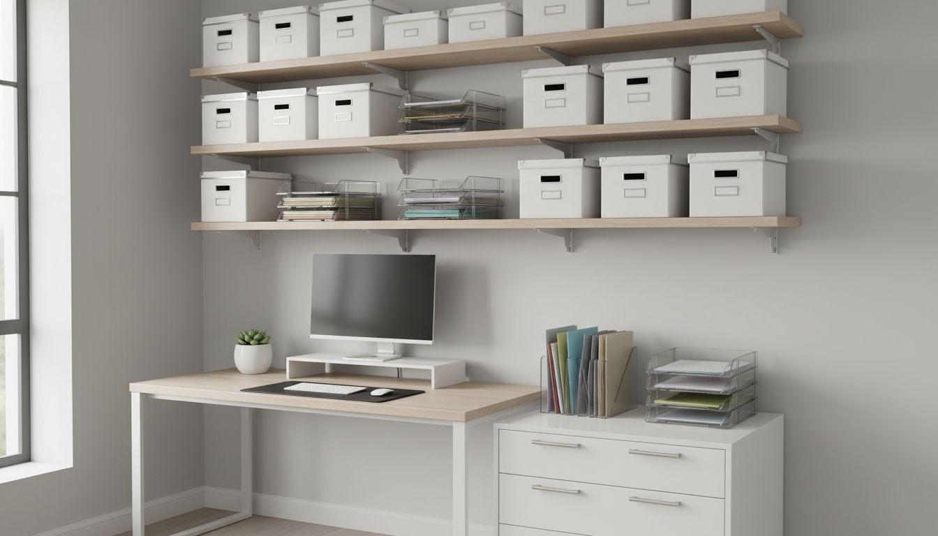 Gut organisiertes Home Office mit Regalen, Schubladen und durchdachtem Ablagesystem