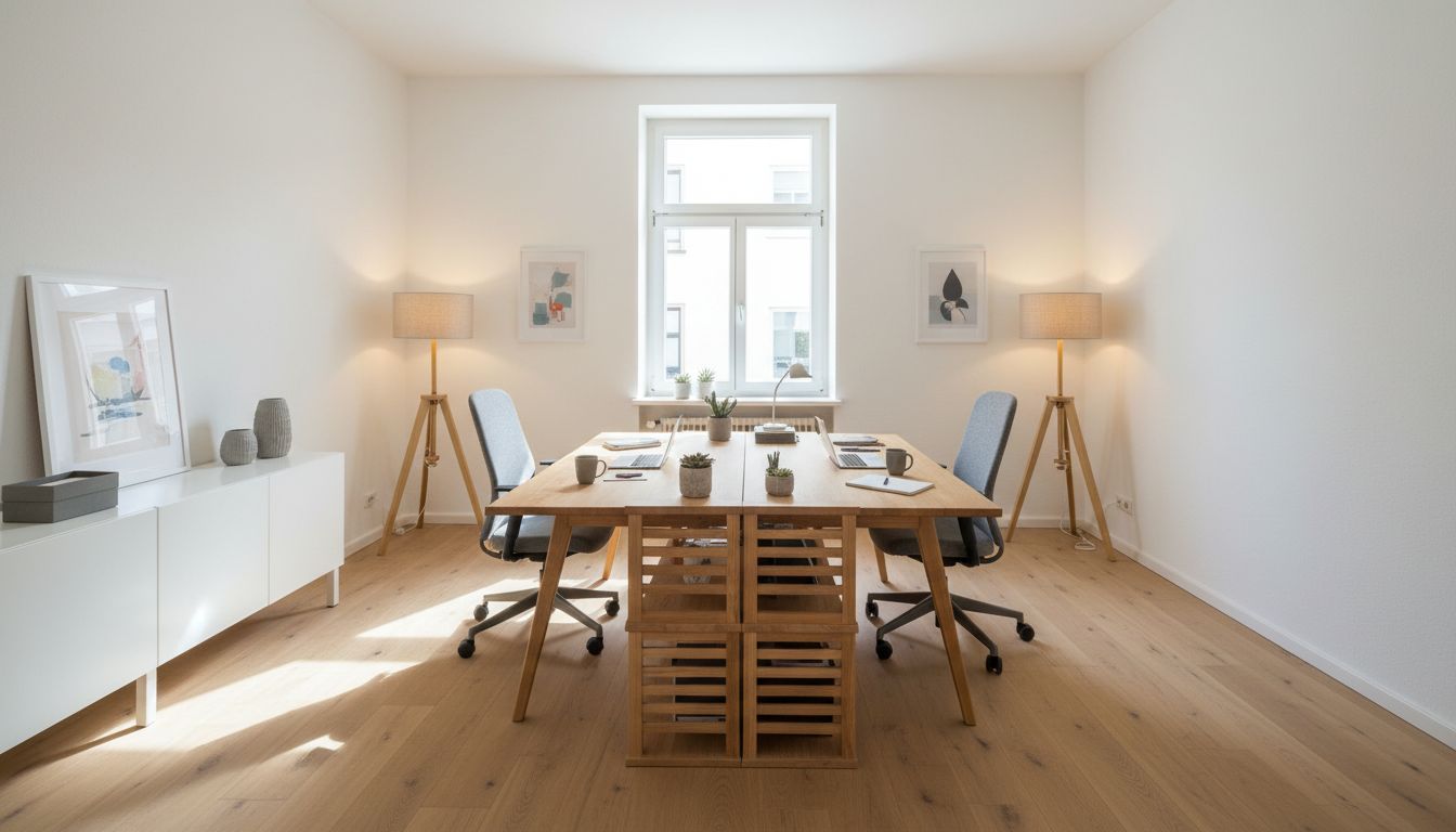 Gemeinsames Homeoffice für zwei Personen mit zwei Schreibtischen und einem niedrigen Regal als Raumteiler in der Mitte, dazu je eine eigene Stehleuchte