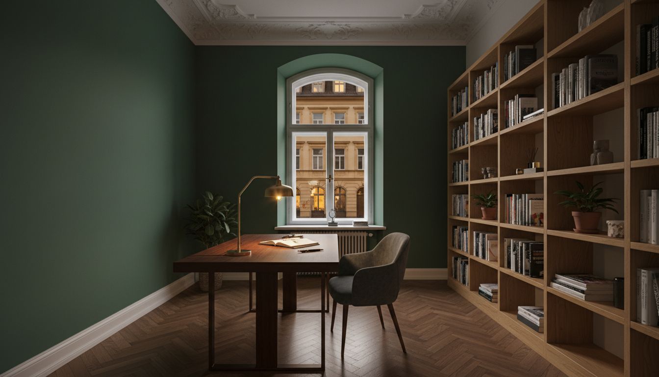 Arbeitszimmer im Altbau mit dunkelgrünen Wänden, Holzschreibtisch, Schreibtischlampe und raumhohem Bücherregal