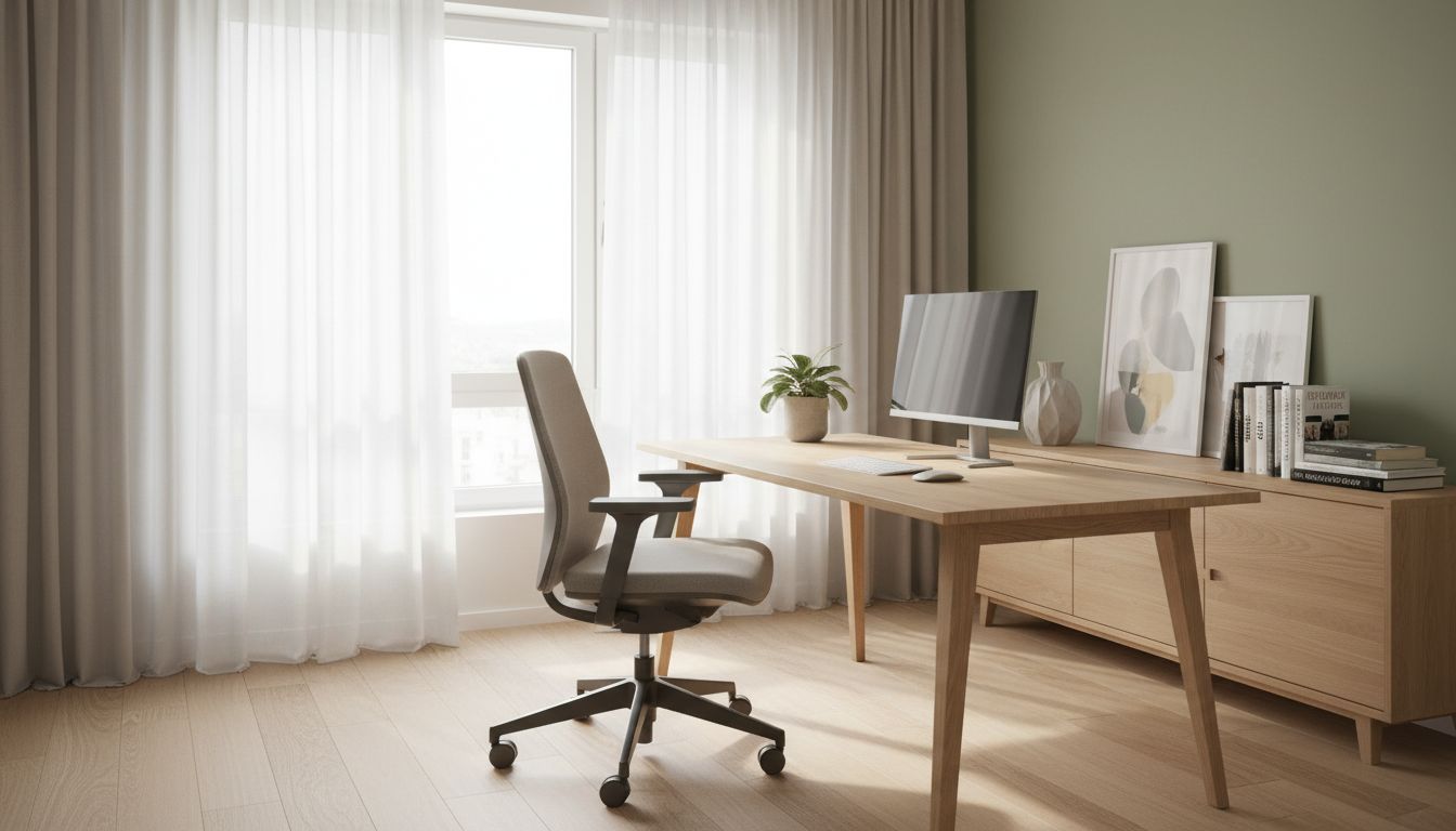Helles Homeoffice mit Eichenschreibtisch seitlich zum Fenster, Bürostuhl, Sideboard und salbeigrüner Wand