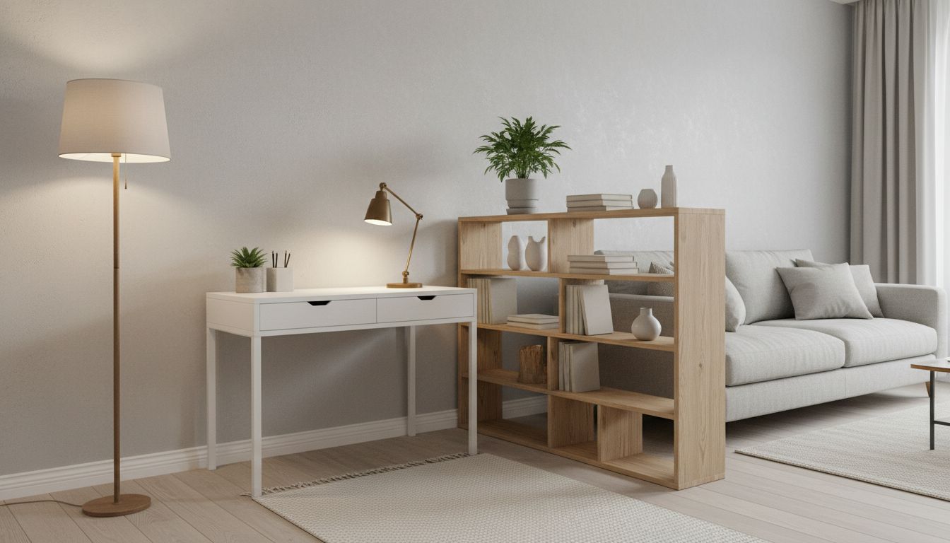 Schmale weiße Arbeitsecke im Wohnzimmer mit offenem Holzregal als Raumteiler, Schreibtischlampe und Stehleuchte