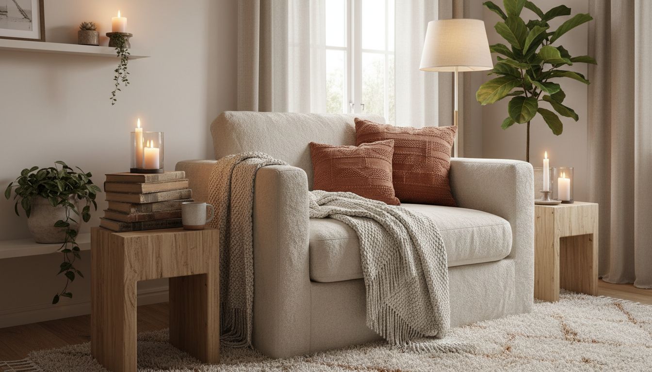 Gemütliche Leseecke im Hygge-Stil mit Sessel, Wolldecke und warmer Lampe