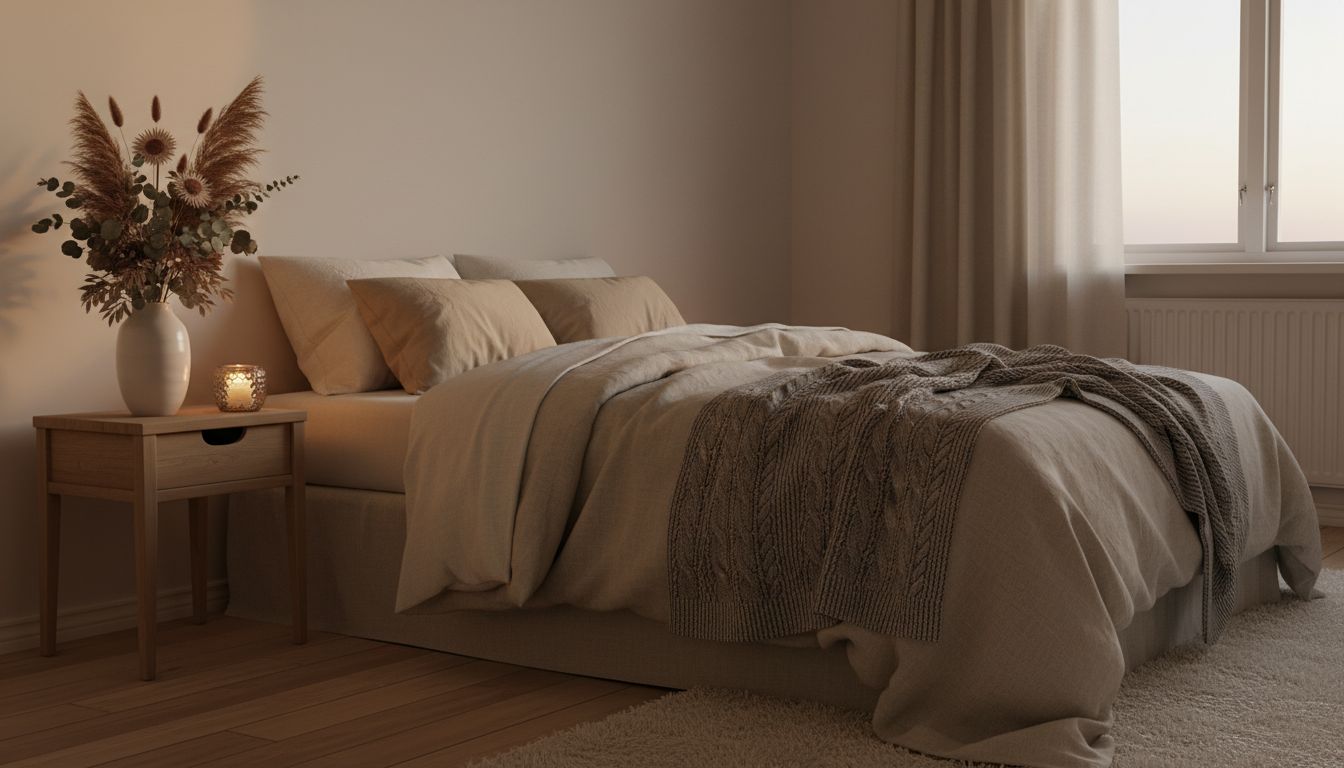 Schlafzimmer im Hygge-Stil mit warmer Bettwäsche, Wolldecke und Kerzenlicht