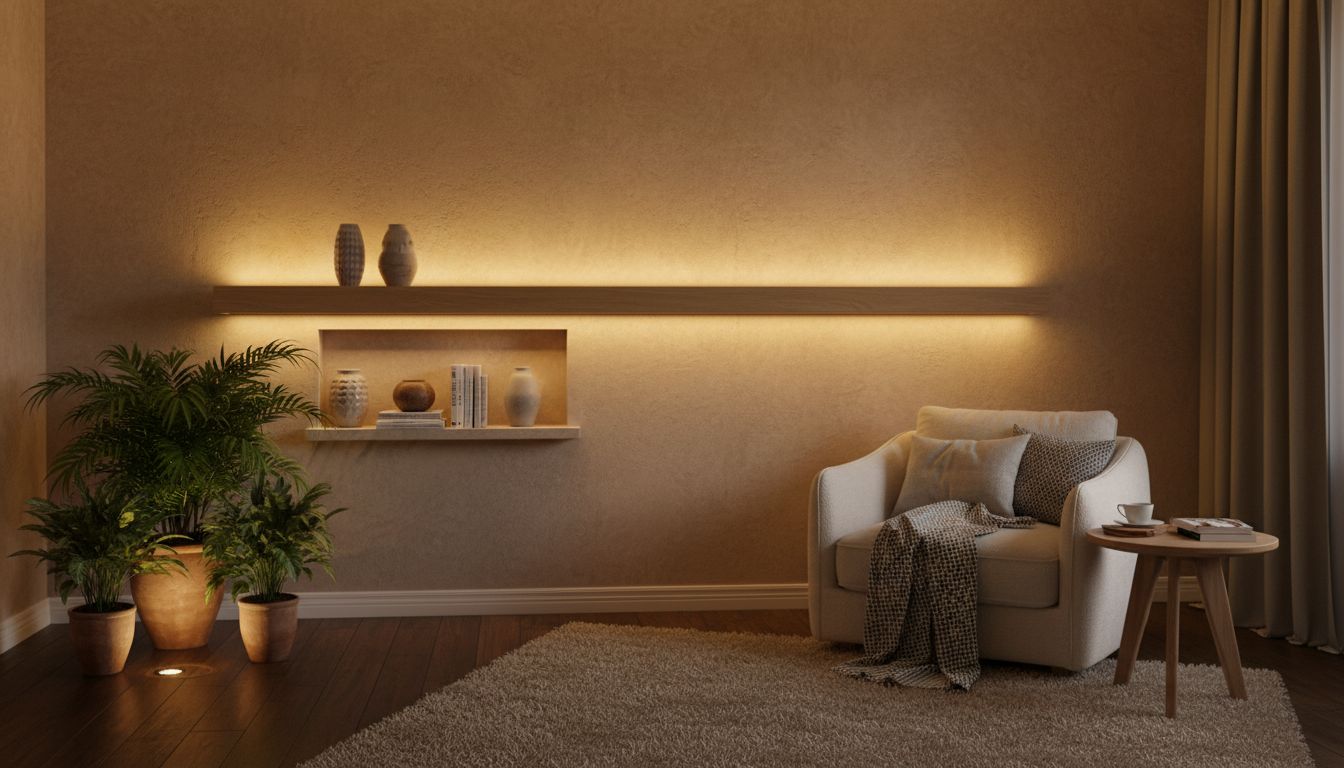Gemütliche Wohnzimmerecke mit warmem LED-Streifen hinter einem Wandregal und sanftem Licht an einer strukturierten Wand