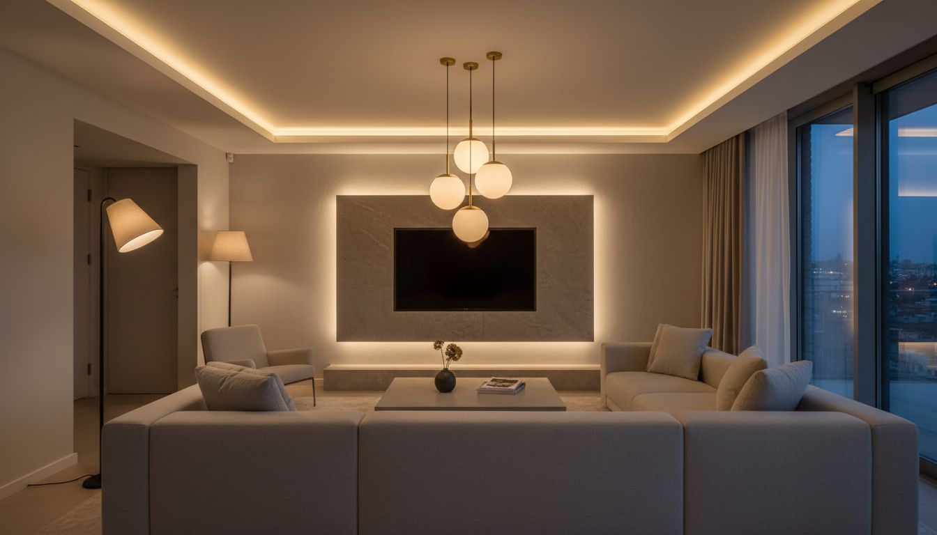 Wohnzimmer mit mehreren Lichtebenen, dimmbarer Stehlampe, hinterleuchteter TV-Wand und warmem Deckenlicht am Abend