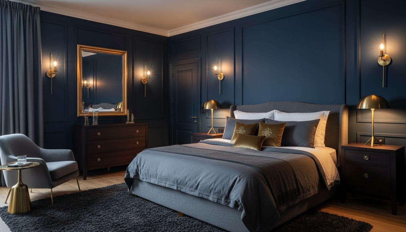 Dunkles, stimmungsvolles Schlafzimmer im Industrial Stil mit tiefblauer Wand, Metallakzenten und warmer Beleuchtung