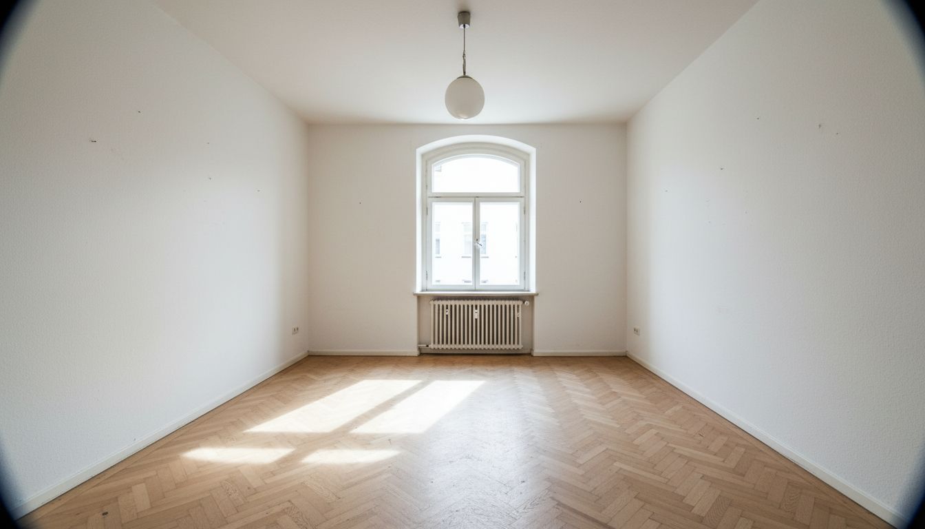 Leerer Altbau-Wohnraum mit Fischgrätparkett, Bogenfenster und Heizkörper als Ausgangspunkt für die KI-Neugestaltung