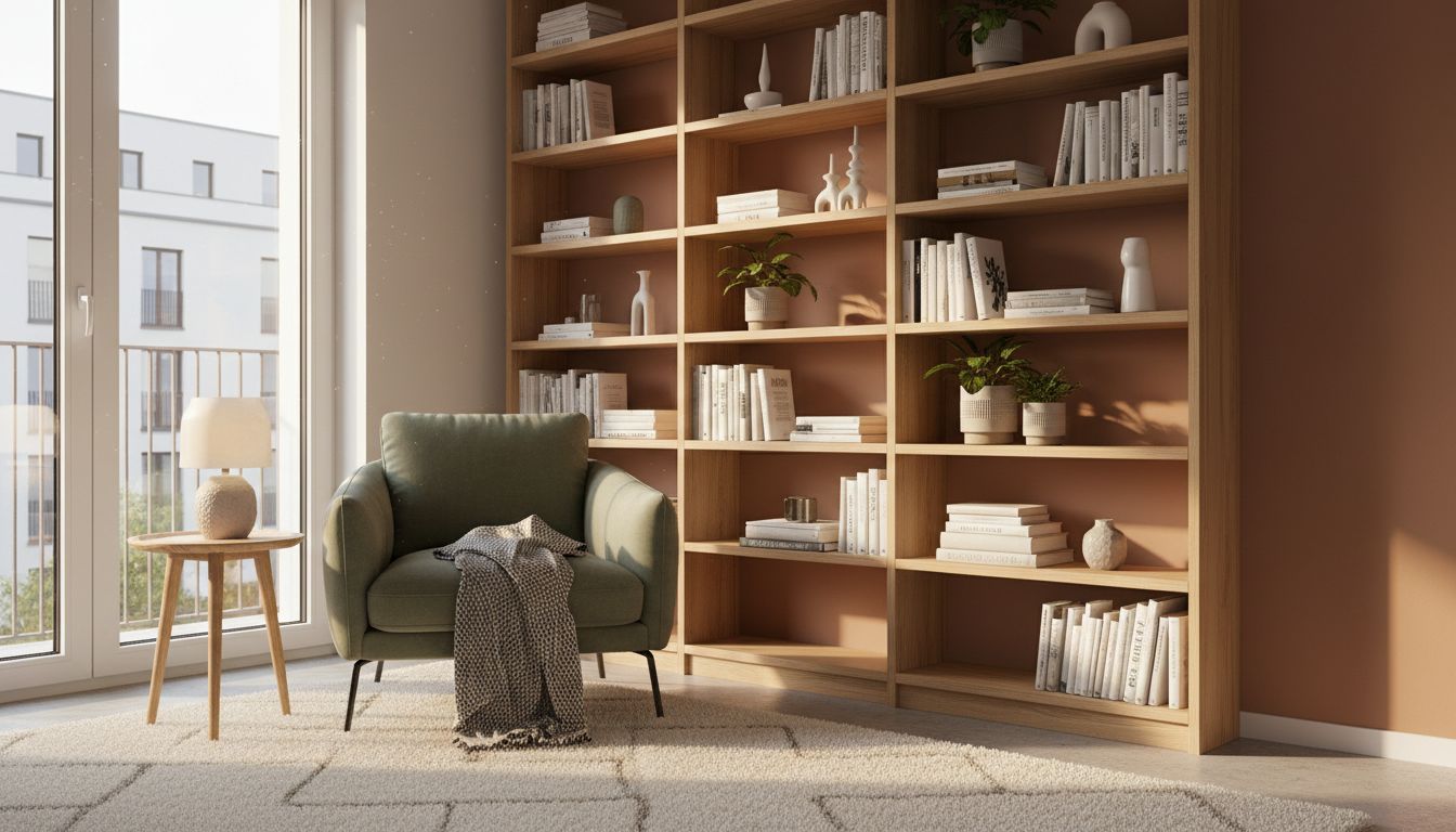 Gemütliche Leseecke mit grünem Sessel, hohem Eichenregal, Beistelltisch und Teppich im hellen Neubauzimmer