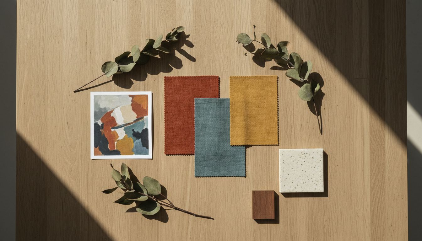 Moodboard auf einem Eichentisch mit Stoffmustern in Rostrot, Petrol und Ocker, einem abstrakten Gemälde, Eukalyptuszweigen und einer Keramikfliese