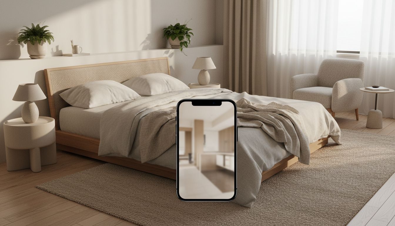 Helles Schlafzimmer mit Smartphone auf dem Bett, das eine abstrakte Design-Vorschau zeigt