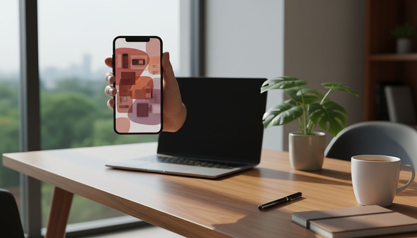 Schreibtisch mit Hand, die ein Smartphone mit abstrakter Design-Vorschau hält