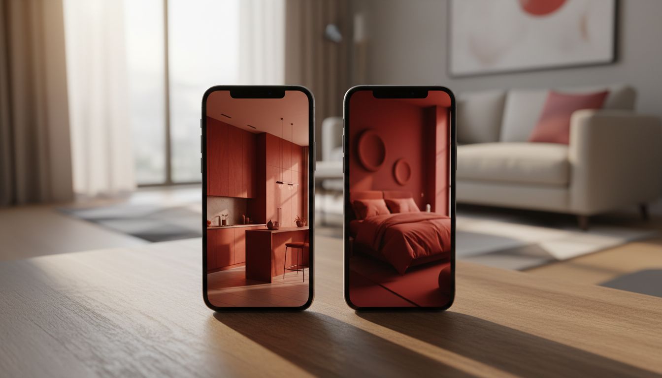 Zwei Smartphones nebeneinander auf einem Holztisch, beide zeigen abstrakte Raumgestaltungs-Vorschauen vor einem hellen Wohnzimmer