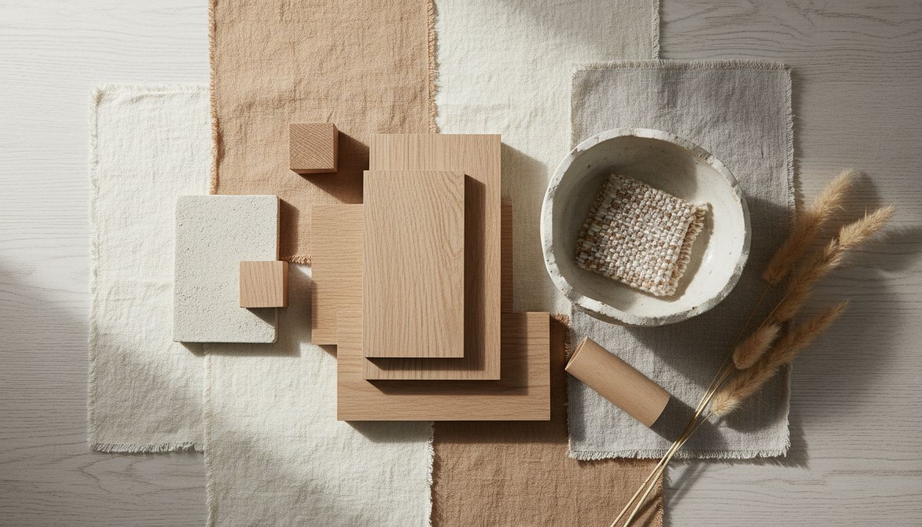Japandi Materialpalette mit hellem Holz, Leinen-Textilien und Keramik-Vasen