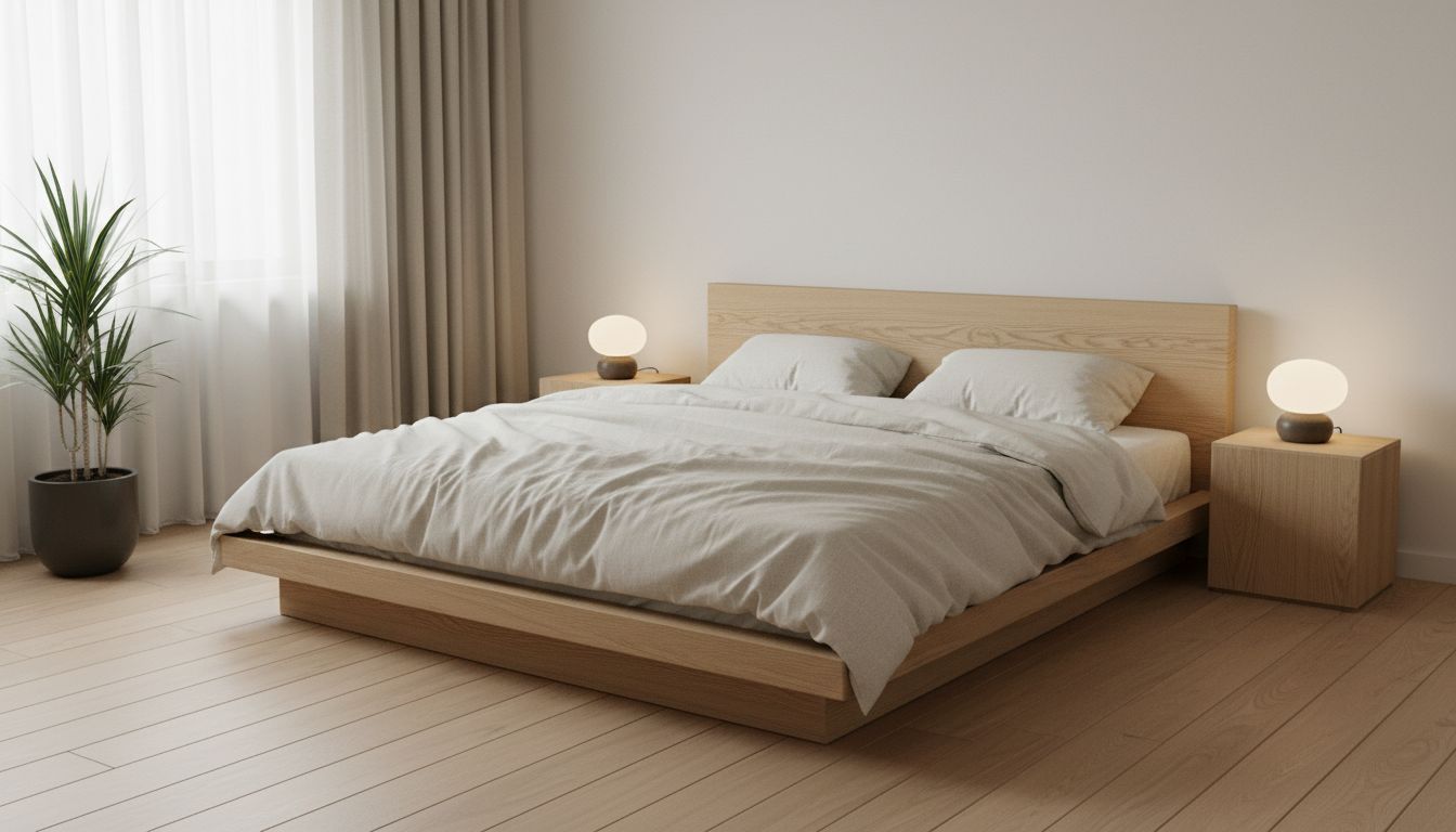 Minimalistisches Japandi Schlafzimmer mit niedrigem Holzbett und Leinenbettwäsche