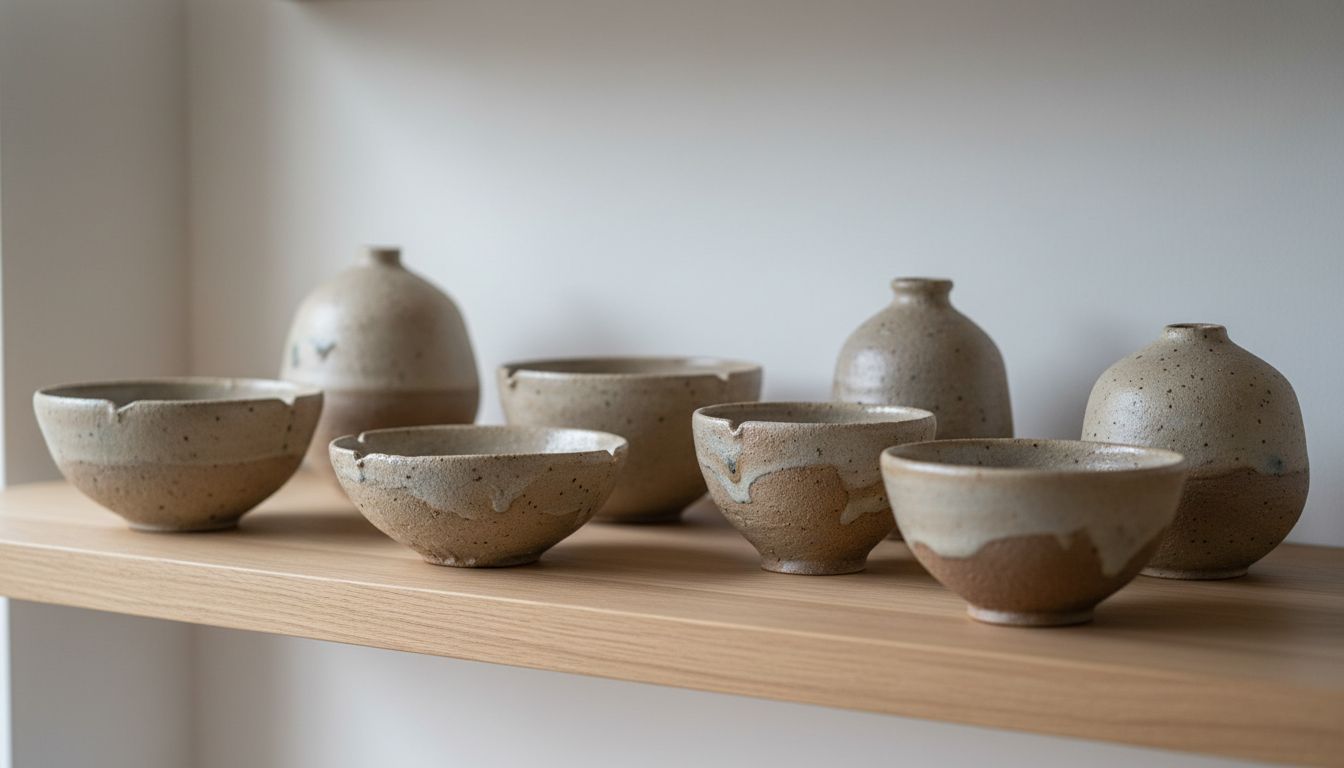 Handgefertigte Keramik im Wabi-Sabi Stil auf einem Holzregal - unvollkommene Schönheit