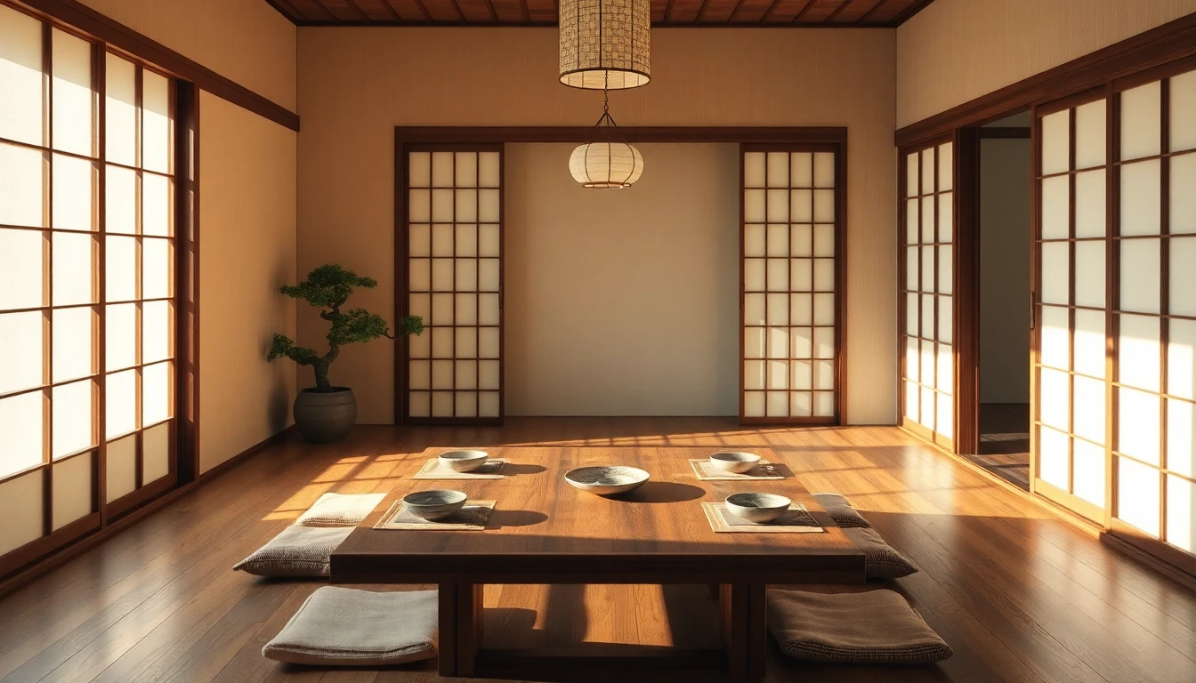 Japanischer Essbereich mit niedrigem Holztisch, Sitzkissen auf dem Boden, Hinoki-Holzboden, Shoji-Schiebewand und traditioneller Keramik