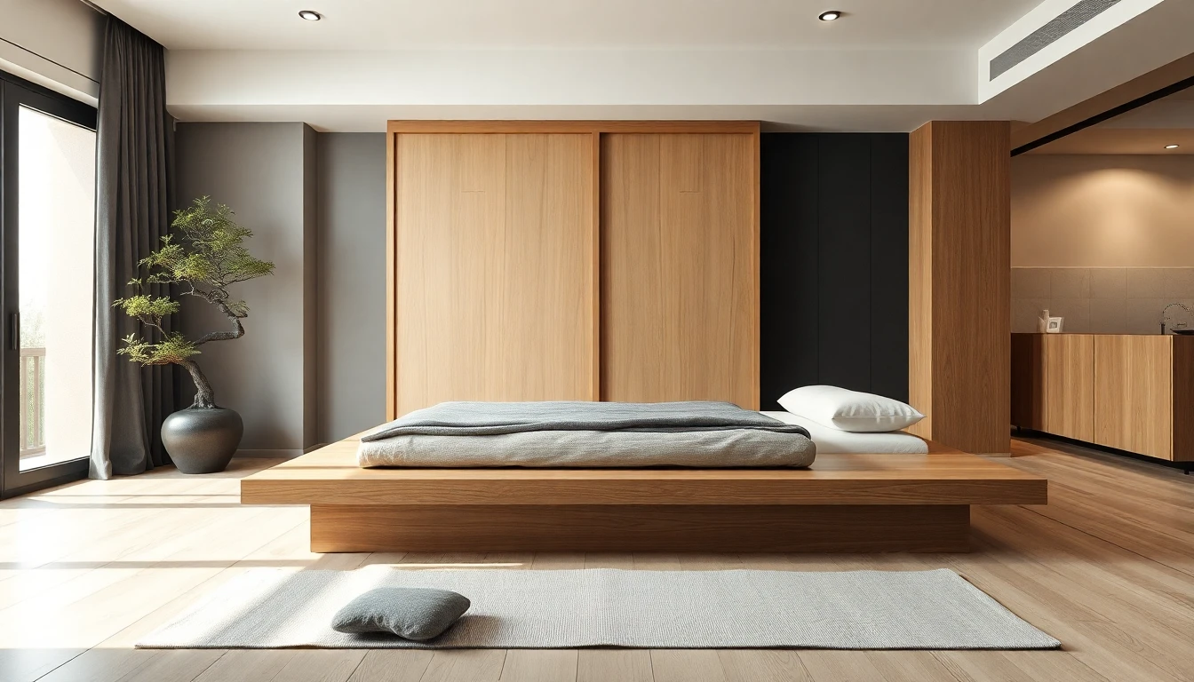 Moderne deutsche Wohnung mit japanisch inspiriertem Schlafbereich, niedriger Holzplattform, Shoji-inspirierter Schiebewand, Bonsai und ruhiger neutraler Palette