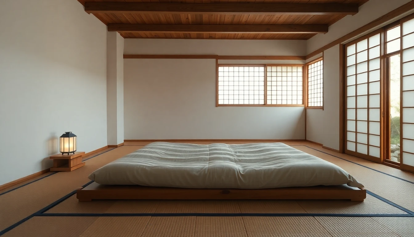 Minimalistisches japanisches Schlafzimmer mit Futon auf Tatami, niedrigem Nachttisch, Papierlaterne und Shoji-Schiebewand in warmer, ruhiger Atmosphäre