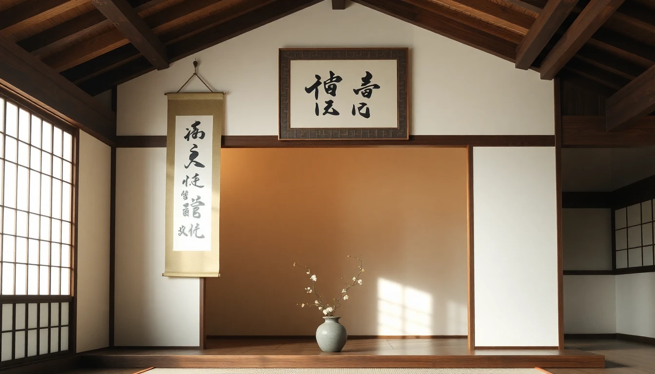 Traditionelles japanisches Tokonoma mit hängendem Kakemono-Schriftrolle, schlichtem Ikebana und warmem Holz in minimalistischer Wabi-Sabi-Ästhetik