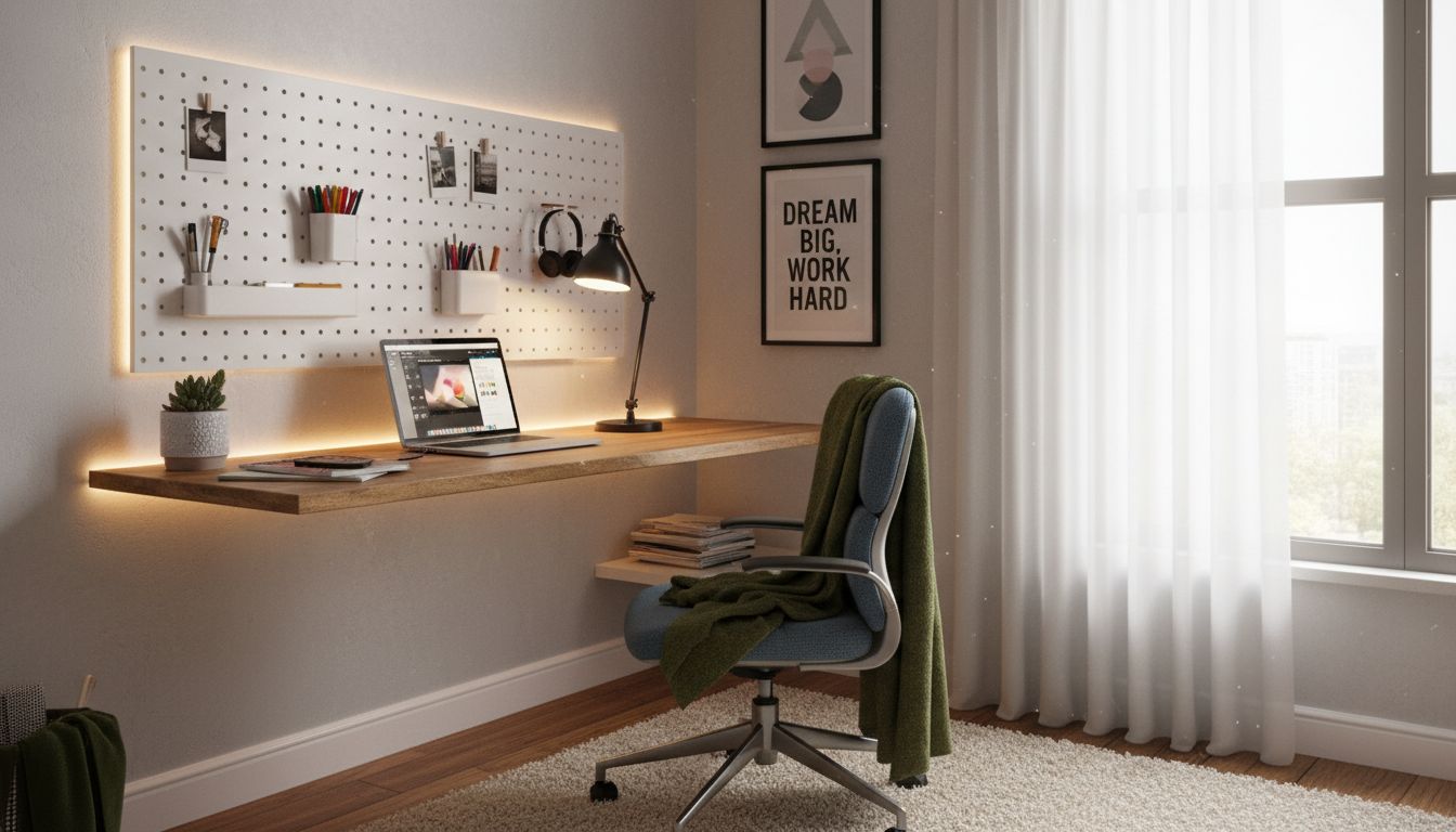 Schreibtisch im Jugendzimmer mit Pinnwand, Lampe und ergonomischem Stuhl