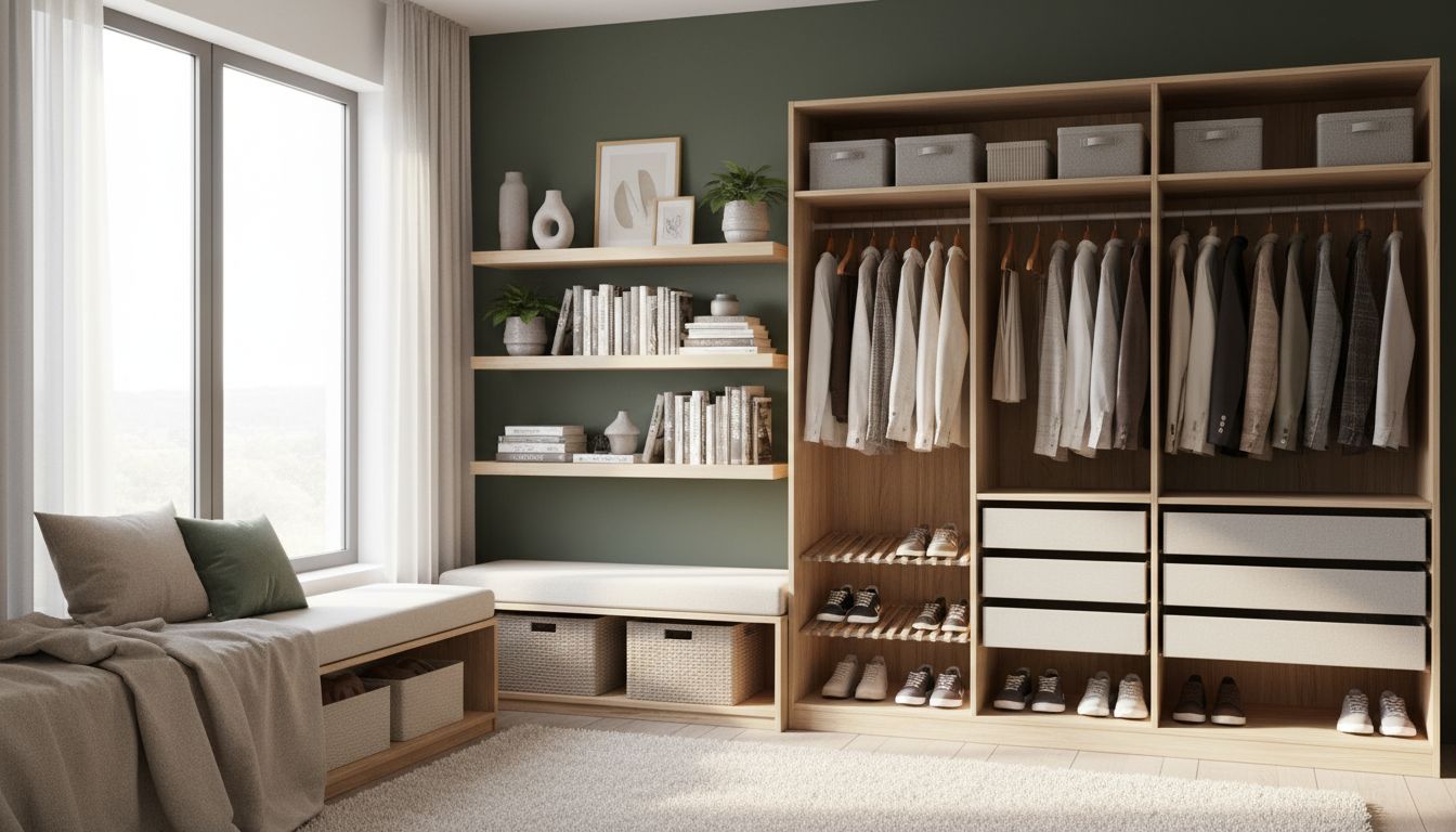 Stauraumlösung im Jugendzimmer mit offenem Kleiderschrank und Wandregalen