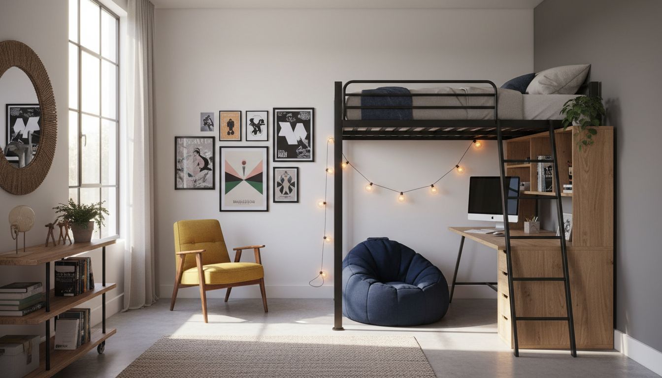 Modernes Jugendzimmer mit Hochbett, Schreibtisch und gemütlicher Leseecke