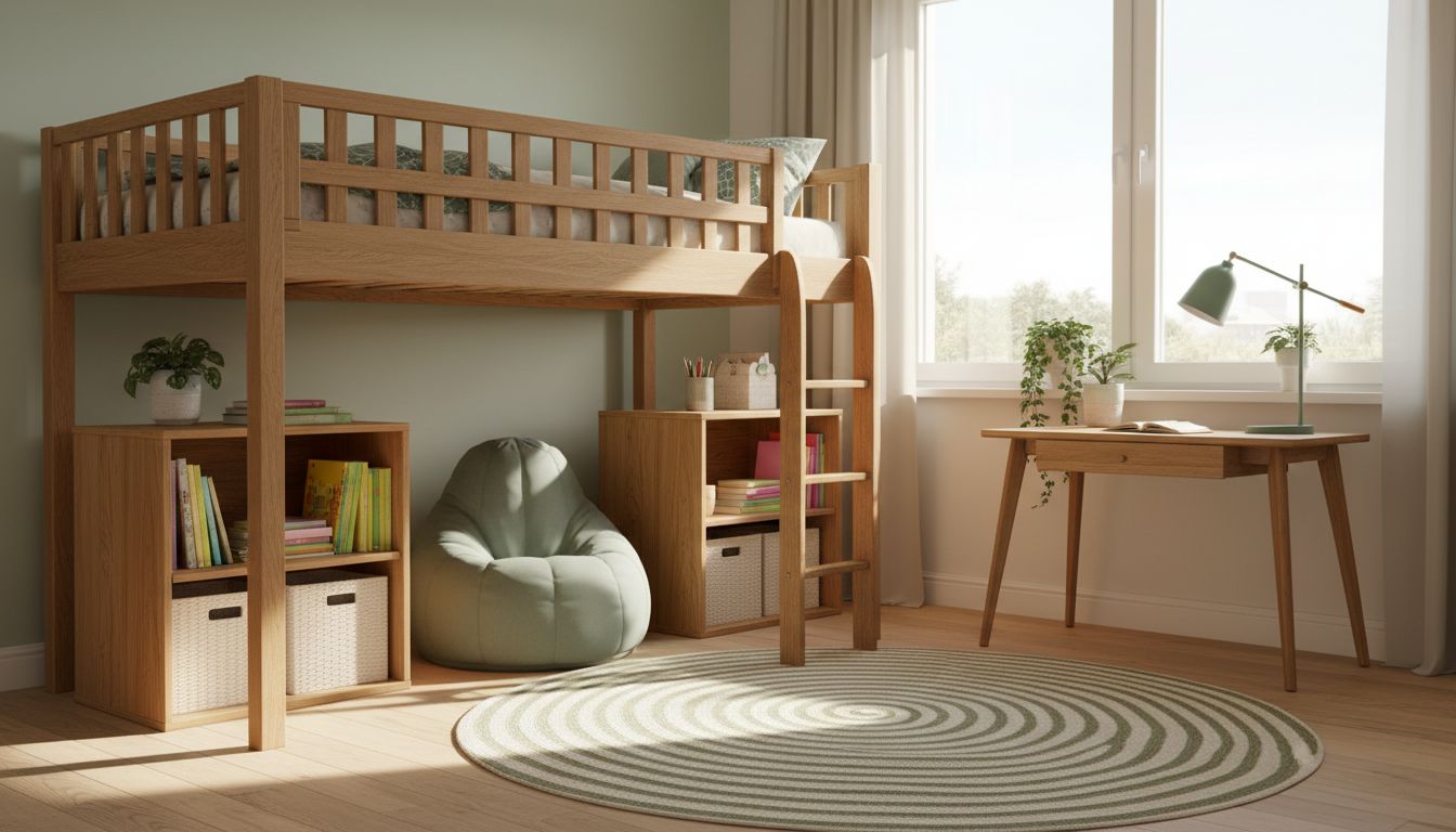 Modern eingerichtetes Jungenzimmer mit hellen Wänden, Schreibtisch am Fenster, offenen Regalen und Leseecke