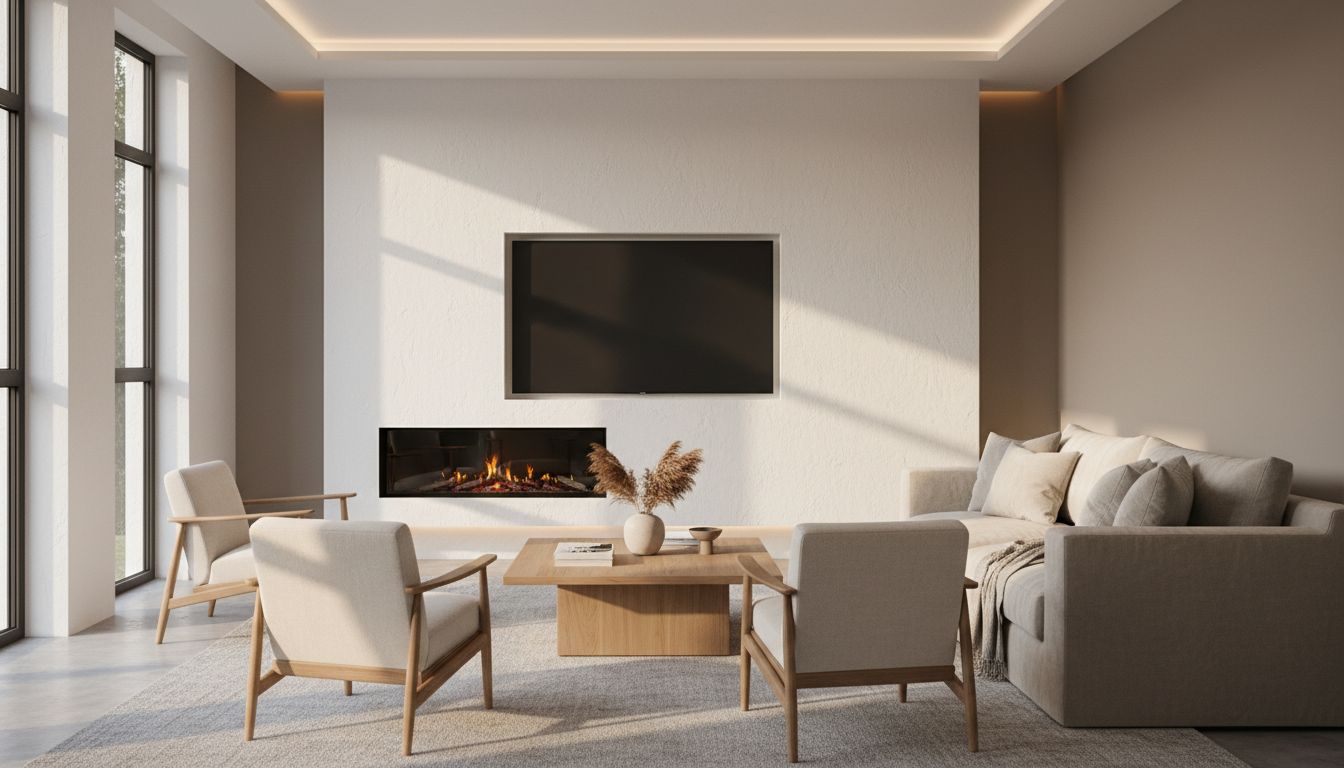 Modernes Wohnzimmer mit eingebautem Kamin als zentralem Blickfang und heller Sitzgruppe