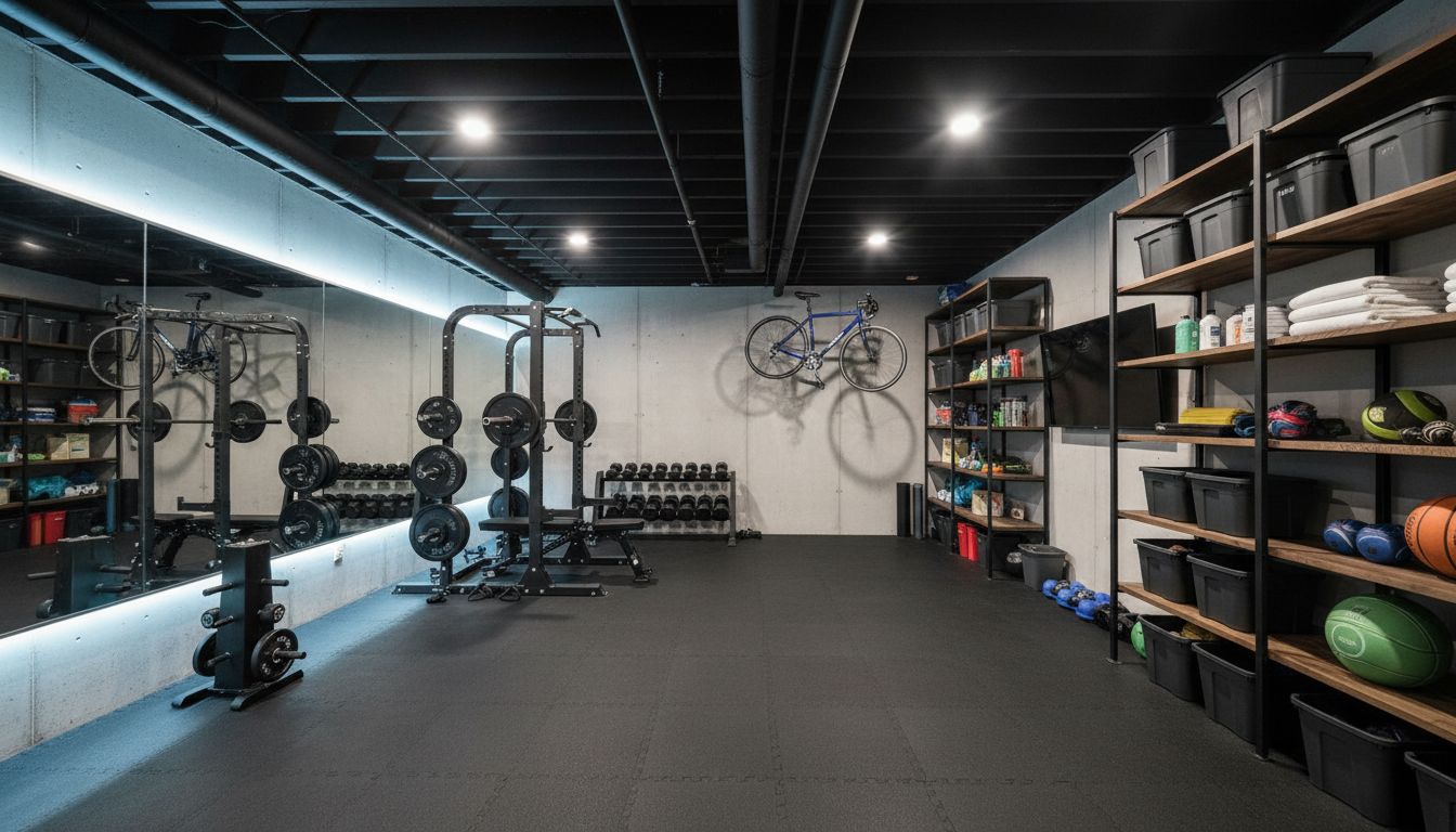 Kellerraum mit Fitnessbereich, Gummiboden und praktischem Regalsystem